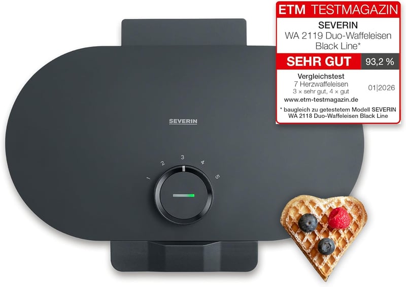 SEVERIN Duo gofrisütő szív alakú gofrihoz, 1200W, PFAS-mentes bevonat, matt fekete