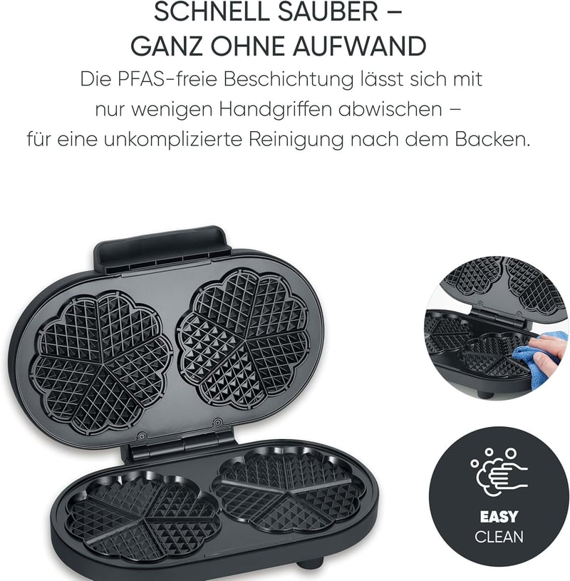 SEVERIN Duo gofrisütő szív alakú gofrihoz, 1200W, PFAS-mentes bevonat, matt fekete