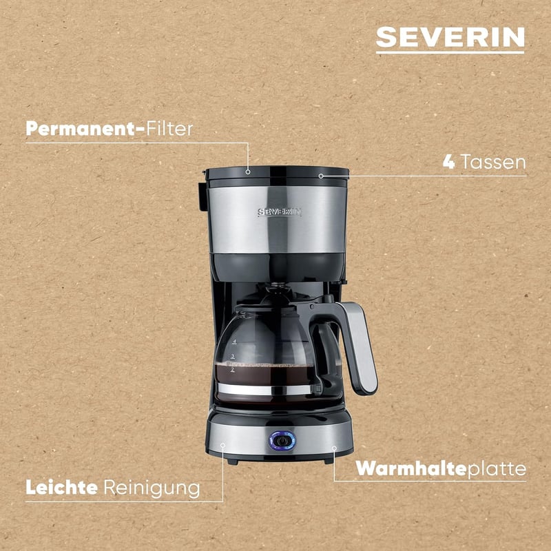 SEVERIN KA 4808 Kompakt Kávéfőző 4 Csészéhez, Rozsdamentes Acél Szűrővel