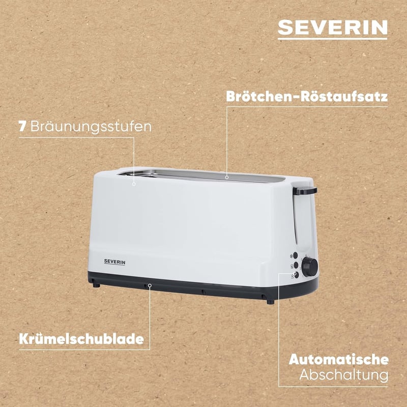 SEVERIN kétrekeszes kenyérpirító rozsdamentes acél, 1400W, szürke-fehér