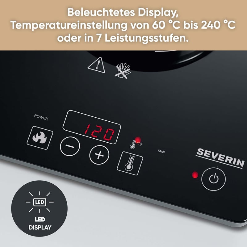SEVERIN KP 1071 Indukciós Főzőlap 2000W Hordozható Kemping Konyha Fekete