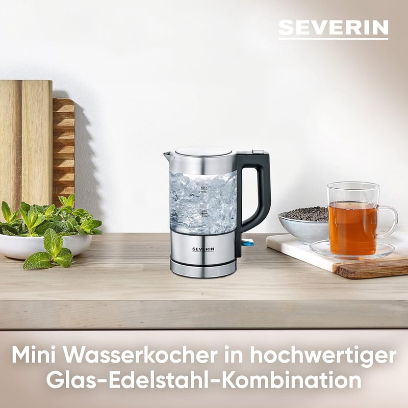 SEVERIN Mini Üveg Vízforraló 0,5L Rozsdamentes Acél Fekete Kompakt Elektromos
