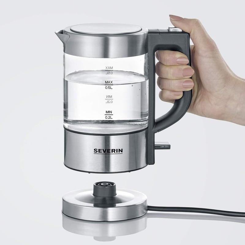 SEVERIN Mini Üveg Vízforraló 0,5L Rozsdamentes Acél Fekete Kompakt Elektromos