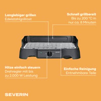 Elektrický gril Severin PG 8593, 38x22 cm, 35-200 °C, 2000 W, stolný gril s nerezovým roštom, táckou na omrvinky, rýchlym nahrievaním, čierny 3