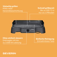 Grătar electric de masă Severin PG 8595, înveliș ceramic fără PFAS, max. 220°C, 2000W, utilizare la interior și exterior, 39x23 cm, negru 3