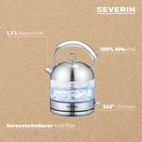 SEVERIN Retro Üveg Vízforraló 1.7L XXL Kapacitás Rozsdamentes Acél 4
