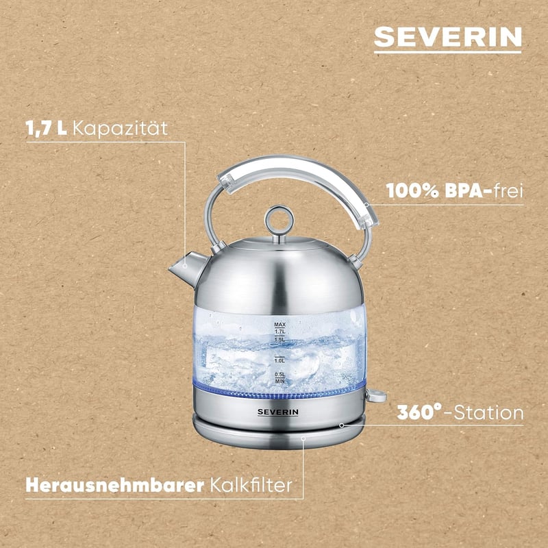 SEVERIN Retro Üveg Vízforraló 1.7L XXL Kapacitás Rozsdamentes Acél