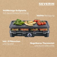 Racletový gril Severin RG 9670 čierny, s veľkou grilovacou doskou, keramickým a nepriľnavým povrchom, 8 panvičkami a 8 špachtľami, 1400 W, stolný gril pre 8 osôb 8