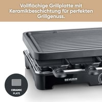 Racletový gril Severin RG 9670 čierny, s veľkou grilovacou doskou, keramickým a nepriľnavým povrchom, 8 panvičkami a 8 špachtľami, 1400 W, stolný gril pre 8 osôb 3