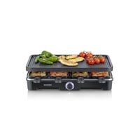 Racletový gril Severin RG 9670 čierny, s veľkou grilovacou doskou, keramickým a nepriľnavým povrchom, 8 panvičkami a 8 špachtľami, 1400 W, stolný gril pre 8 osôb 1