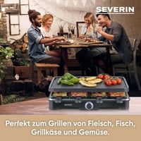 Racletový gril Severin RG 9670 čierny, s veľkou grilovacou doskou, keramickým a nepriľnavým povrchom, 8 panvičkami a 8 špachtľami, 1400 W, stolný gril pre 8 osôb 7