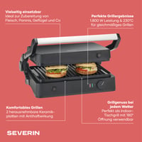 Kontaktný gril SEVERIN SEVO Lite KG 2398 1800 W, elektrický gril s keramickým povrchom na mäso, ryby a zeleninu, grilovanie bez tuku, 220 °C, čierna/nerezová oceľ 3
