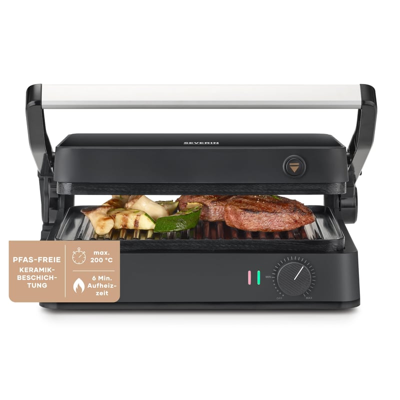 Kontaktný gril SEVERIN SEVO Lite KG 2398 1800 W, elektrický gril s keramickým povrchom na mäso, ryby a zeleninu, grilovanie bez tuku, 220 °C, čierna/nerezová oceľ
