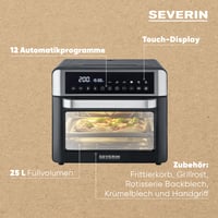 Severin TO 9579 Cuptor cu prăjitor și friteuză cu aer cald 2 în 1, 25 L, 12 programe automate, 2200 W, afișaj LED, temporizator, tavă de copt, grătar, coș pentru prăjit, negru-argintiu 7