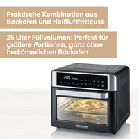 Severin TO 9579 Cuptor cu prăjitor și friteuză cu aer cald 2 în 1, 25 L, 12 programe automate, 2200 W, afișaj LED, temporizator, tavă de copt, grătar, coș pentru prăjit, negru-argintiu 2