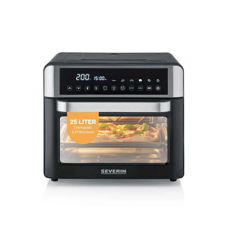 Severin TO 9579 Cuptor cu prăjitor și friteuză cu aer cald 2 în 1, 25 L, 12 programe automate, 2200 W, afișaj LED, temporizator, tavă de copt, grătar, coș pentru prăjit, negru-argintiu