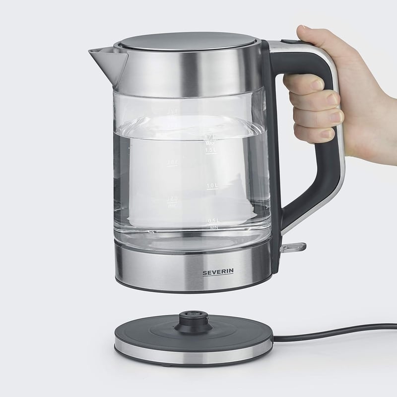 Severin üveg vízforraló rozsdamentes acél, 1.7L, 2200W, egy kézzel kezelhető