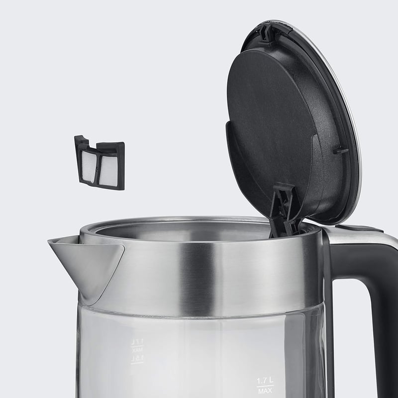 Severin üveg vízforraló rozsdamentes acél, 1.7L, 2200W, egy kézzel kezelhető