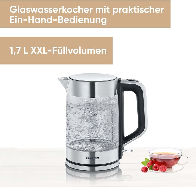 Severin üveg vízforraló rozsdamentes acél, 1.7L, 2200W, egy kézzel kezelhető