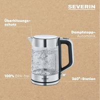 Severin üveg vízforraló rozsdamentes acél, 1.7L, 2200W, egy kézzel kezelhető 4