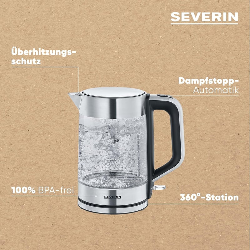 Severin üveg vízforraló rozsdamentes acél, 1.7L, 2200W, egy kézzel kezelhető