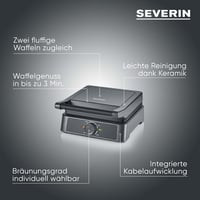 SEVERIN WA 2130 négyzet alakú gofrisütő kerámia bevonattal, 1600W, fekete-rozsdamentes acél 2