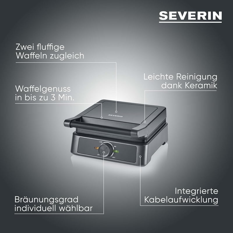 SEVERIN WA 2130 négyzet alakú gofrisütő kerámia bevonattal, 1600W, fekete-rozsdamentes acél
