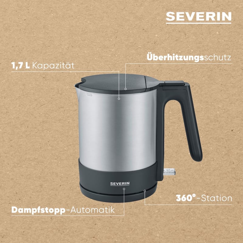 SEVERIN WK 3409 Kompakt Vízforraló 2200W Rozsdamentes Acél 1,7L Fekete