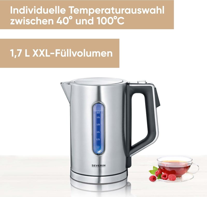 SEVERIN WK 3418 digitális vízforraló 1,7L rozsdamentes acél, 3000W gyors felmelegítés hőmérséklet szabályozás