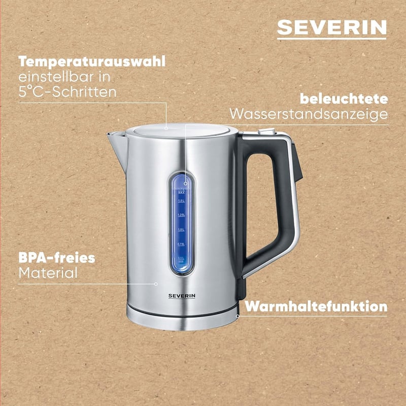 SEVERIN WK 3418 digitális vízforraló 1,7L rozsdamentes acél, 3000W gyors felmelegítés hőmérséklet szabályozás