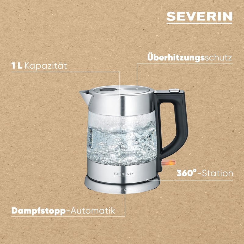 Severin WK 3468 üveg vízforraló fekete rozsdamentes acél