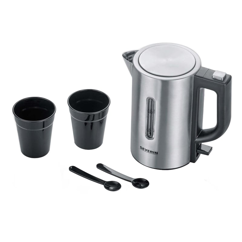 Severin WK 3647 putno kuhalo za vodu, 0,5 l, s 2 šalice i 2 žličice - srebrna/crna