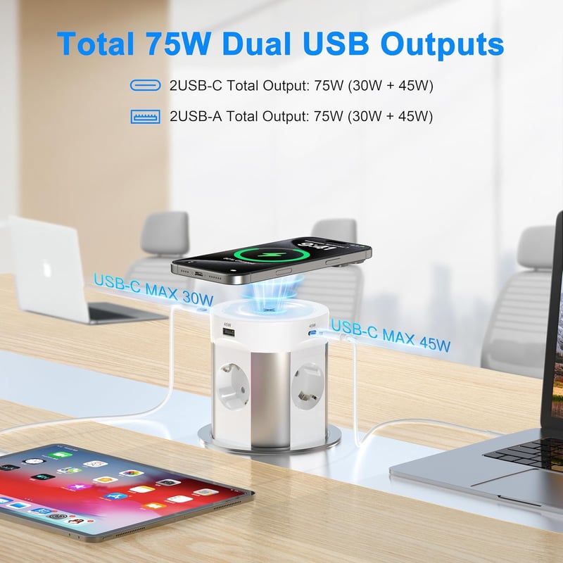 Sewingvr 9 az 1-ben asztalba süllyeszthető aljzat USB-C PD75W vezeték nélküli töltéssel