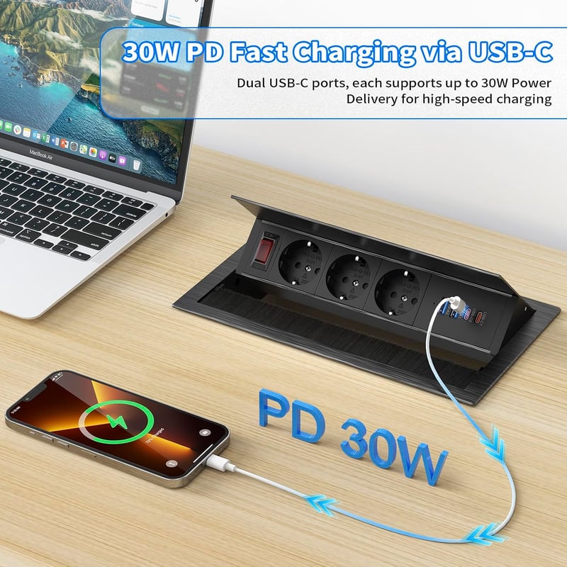 Sewingvr Alumínium Beépíthető Aljzat 3 Aljzat 2 USB-C PD 30W 2 USB-A 1.8m Fekete