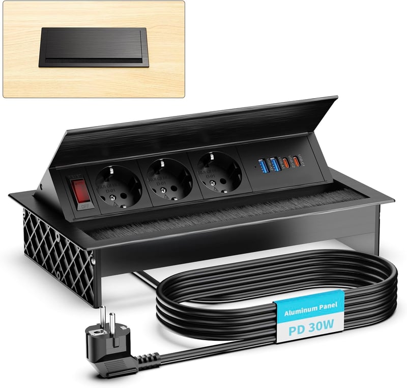 Sewingvr Alumínium Beépíthető Aljzat 3 Aljzat 2 USB-C PD 30W 2 USB-A 1.8m Fekete
