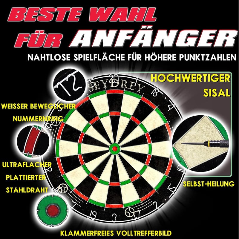 Seydrey bristle dart tábla forgó pontgyűrűvel acélhegyes darts készlet 6 dárttal és 12 szállal