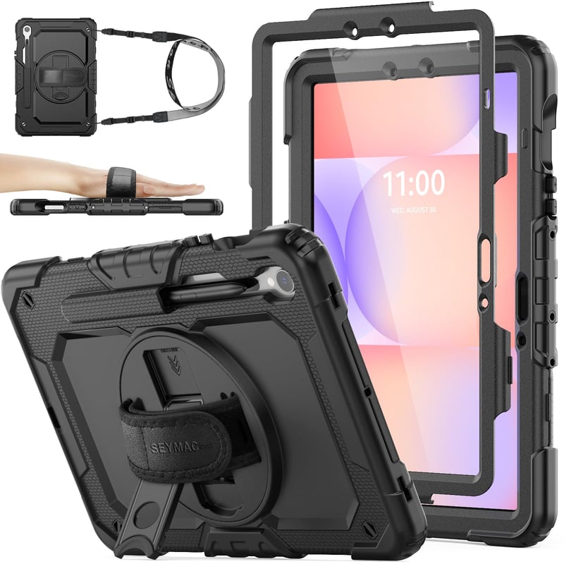 SEYMAC stock Nárazuvzdorné puzdro pre Samsung Galaxy Tab S10 Lite/S10 FE/S9 FE 10,9"/S9 11" – čierne, 360° otočný stojan, remienok na ruku, ramenný popruh, držiak na pero