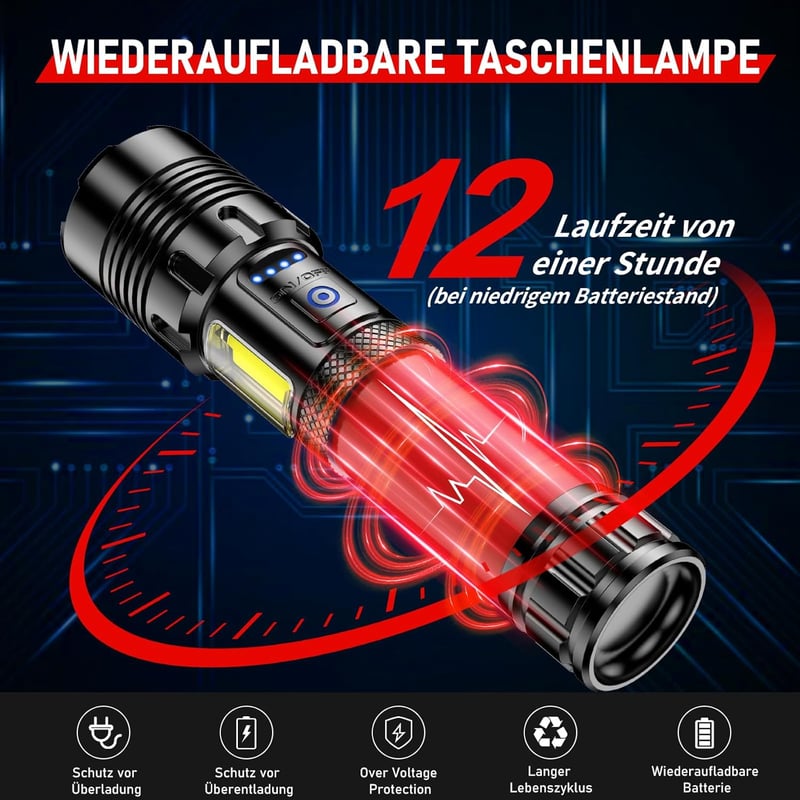 Shadowhawk LED Lámpa 500000 Lumen Taktikai Zseblámpa USB Töltős XHP70.2 IP67 Vízálló - Black