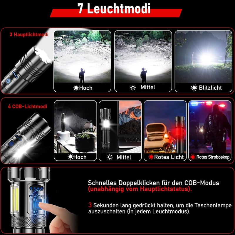 Shadowhawk LED Lámpa 500000 Lumen Taktikai Zseblámpa USB Töltős XHP70.2 IP67 Vízálló - Black