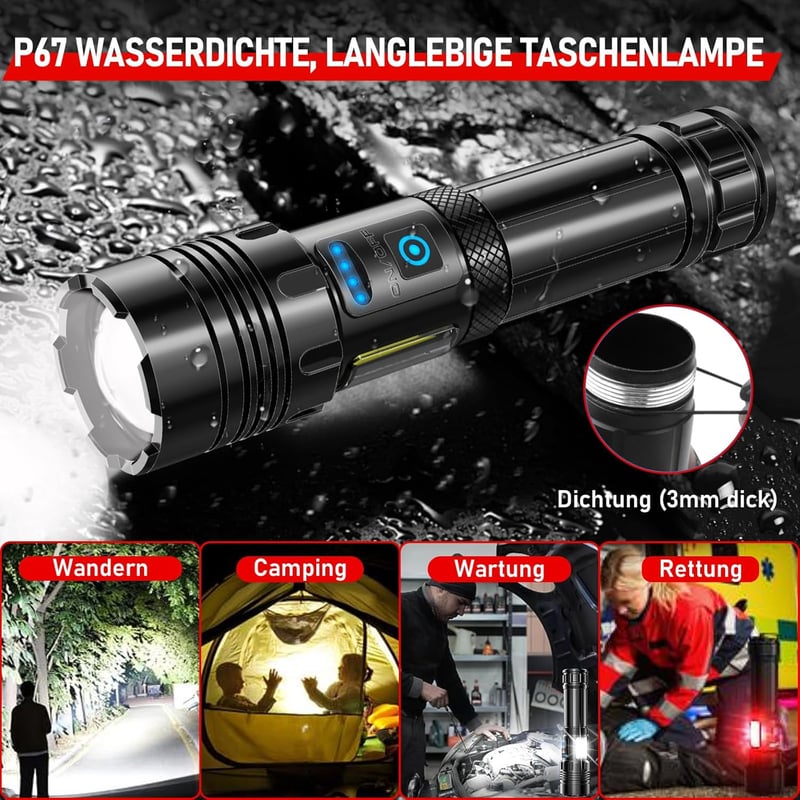 Shadowhawk LED Lámpa 500000 Lumen Taktikai Zseblámpa USB Töltős XHP70.2 IP67 Vízálló - Black