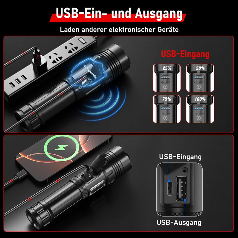 Shadowhawk LED Lámpa 500000 Lumen Taktikai Zseblámpa USB Töltős XHP70.2 IP67 Vízálló - Black