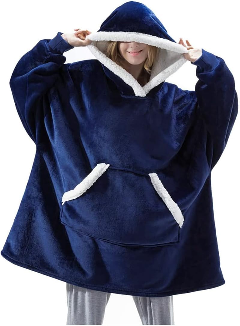 SHAINE Oversized Sherpa Kapucnis Takaró Pulóver - Extra Puha Melegítő Felsőrész Táskával, Unisex Viselet Felnőtteknek, Tengerészkék