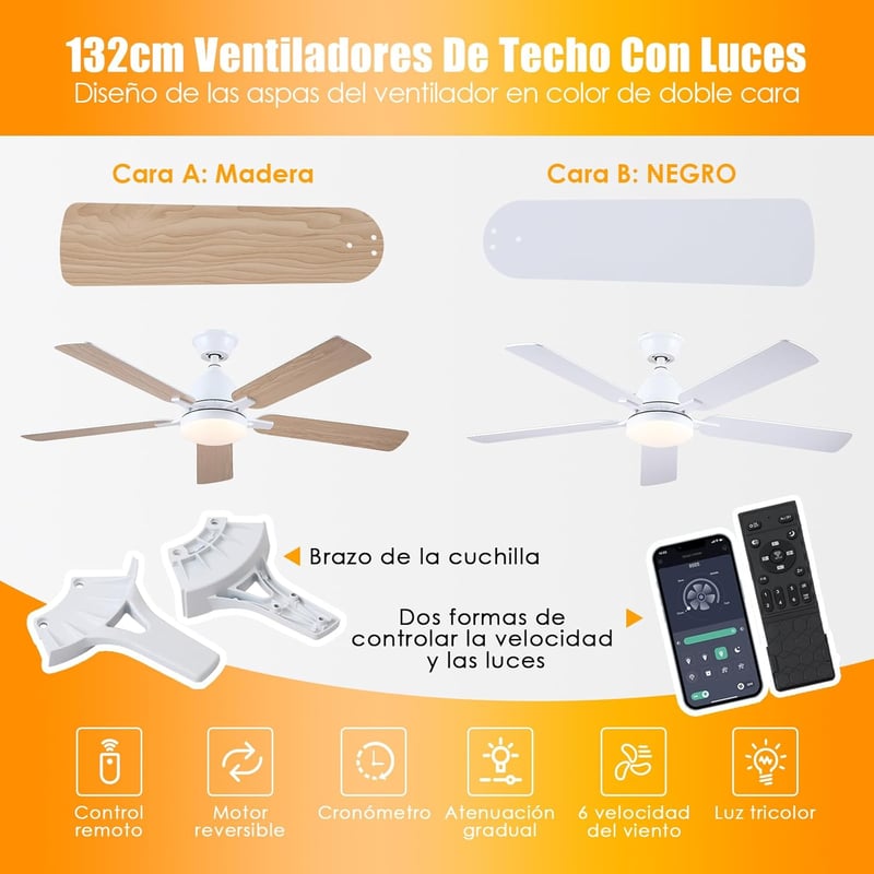 Shanggu 52" Mennyezeti Ventilátor Lámpával, Flush Mount, APP Távirányítóval