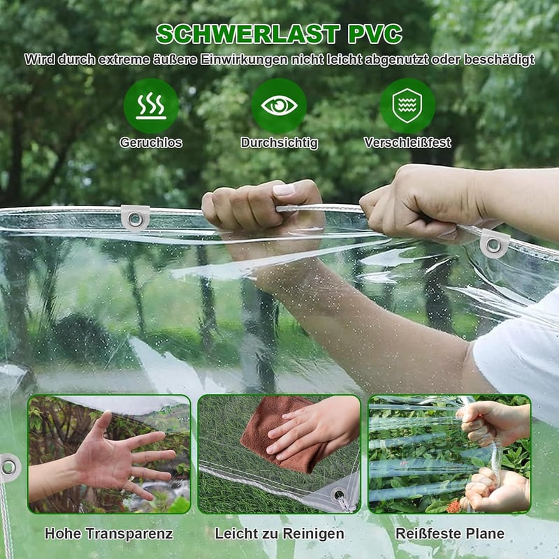 SHANNA Átlátszó ponyva szemekkel 420 g/m2 PVC vízálló 3x6 m fólia üvegházhoz, kerti bútorhoz fekete kötéllel, esővédő
