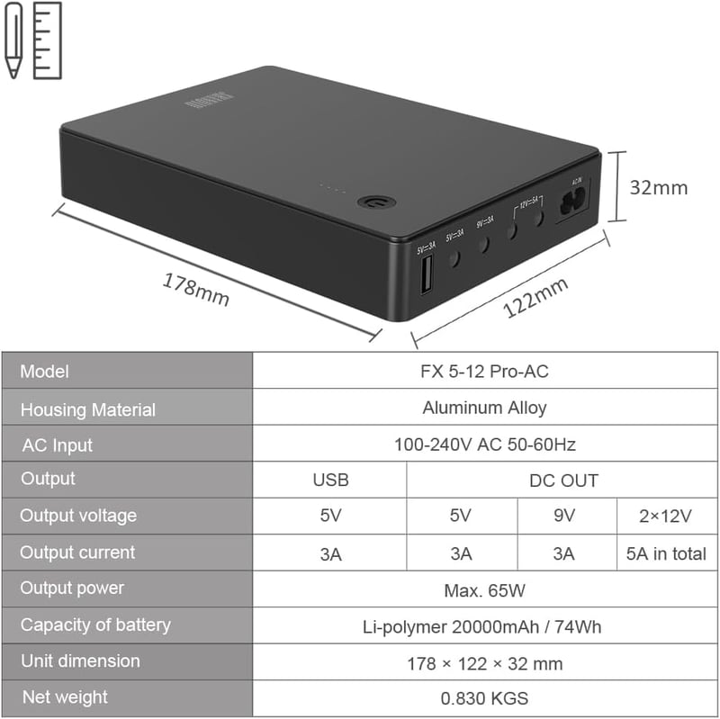 Shanqiu Mini UPS szünetmentes tápegység routerhez, modemhez, kamerához 74Wh
