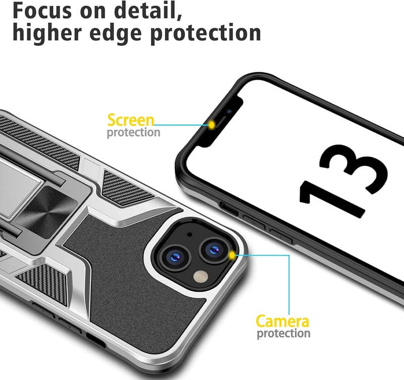 SharkProten iPhone 13 Ütésálló Tok - Mágneses Gyűrűs Állvánnyal, Dupla Rétegű Védelem, Kamera Védelemmel, Ezüst
