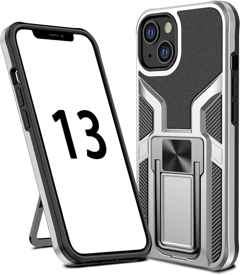SharkProten iPhone 13 Ütésálló Tok - Mágneses Gyűrűs Állvánnyal, Dupla Rétegű Védelem, Kamera Védelemmel, Ezüst