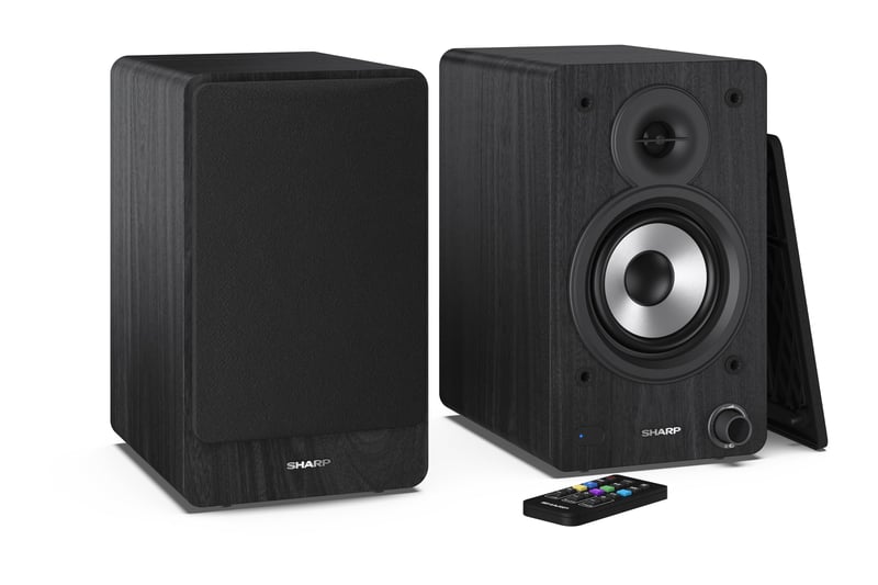 Aktívny regálový reproduktor SHARP CP-SS30(BK), čierny – 60W RMS (2x30W), 2-pásmový, Bluetooth 5.0, štúdiový monitor, USB, optický, AUX, RCA vstup, 4-palcový