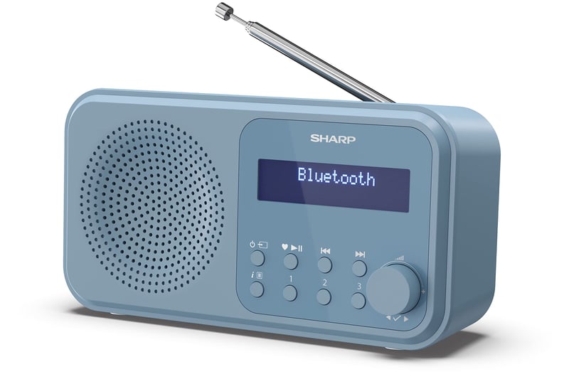 Prenosné digitálne rádio SHARP DR-P420 – DAB+/FM, Bluetooth 5.0, duálny budík, pamäť na 40 staníc, USB, 3,5 mm jack, oceľovo modrá