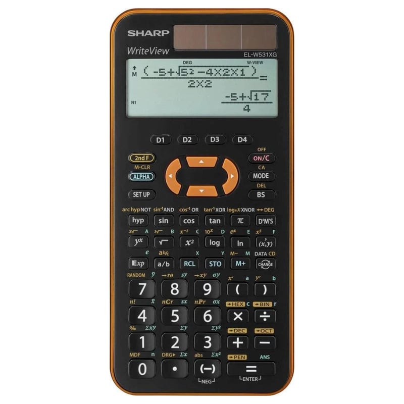 Vedecká školská kalkulačka Sharp EL-W531 XG-YR – 4-riadkový WriteView displej, zadávanie D.A.L., 335 funkcií, TWIN-Power, oranžová